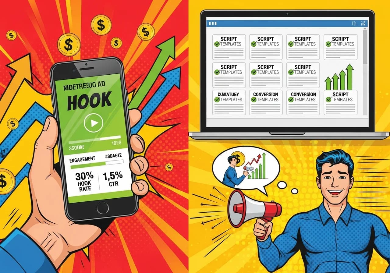 Cover Image for Split-screen view showing a smartphone displaying a vertical video ad with bold text hooks and engagement metrics (30% hook rate, 1.5% CTR) on one side, and on the other side a laptop screen with 12 labeled script templates laid out like cards with checkmarks, red arrows pointing upward for conversion rates, and a frustrated marketer turning into a confident marketer holding a megaphone. The image uses bold reds, yellows, and greens to create urgency and success visualization, with '$' symbols and upward trending graphs in the background to evoke the dream of profitable ad campaigns.