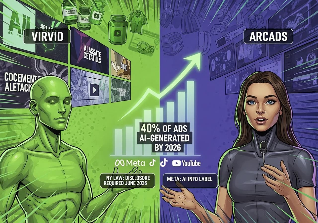 Cover Image for Split-screen comparison showing a faceless AI-generated video with dynamic visuals and captions on the left (representing Virvid's approach) versus a photorealistic AI avatar speaking directly to camera on the right (representing Arcads' testimonial style). Between them, a large upward-trending graph in neon green shows '40% of Ads AI-Generated by 2026' with Meta, TikTok, and YouTube logos glowing beneath. In the foreground, compliance warning labels reading 'NY Law: Disclosure Required June 2026' and 'Meta: AI Info Label' appear as digital overlays. Background shows e-commerce product imagery (supplements, fashion items, tech gadgets) fading into abstract data visualizations, suggesting the intersection of commerce, creativity, and regulation in 2026's AI advertising landscape.