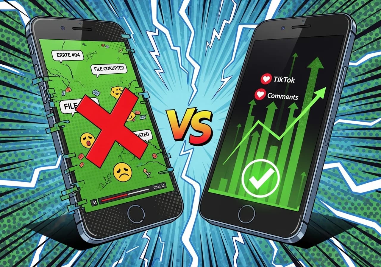 Cover Image for Split screen comparison showing two smartphone screens side by side. Left screen shows a glitchy, broken video player with error messages and a sad face emoji. Right screen displays a polished, vibrant TikTok video with engagement metrics soaring upward in green. Background features a dramatic versus battle effect with lightning bolts between the two phones. Bold red X over the left phone, glowing green checkmark over the right. Creator's dream visualization of choosing the winning AI tool.
