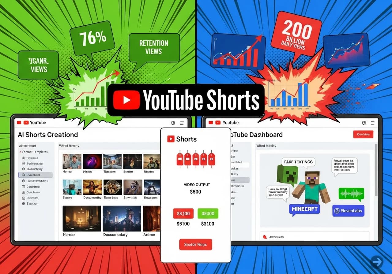 Cover Image for Split-screen comparison showing two AI Shorts creation dashboards side by side, with YouTube's algorithm metrics floating above (retention rate 76%, views counter climbing rapidly, engagement graphs trending upward). Left side shows extensive format template library with 20+ visual style options including horror, documentary, anime thumbnails. Right side displays simpler interface with fake texting messages, gameplay background of Minecraft, and ElevenLabs voice waveforms. Center overlay shows price tags and video output counters. Background features YouTube Shorts logo with explosive growth chart reaching 200 billion daily views. Vibrant red and blue color scheme matching YouTube branding, professional software UI aesthetic with data visualization elements.