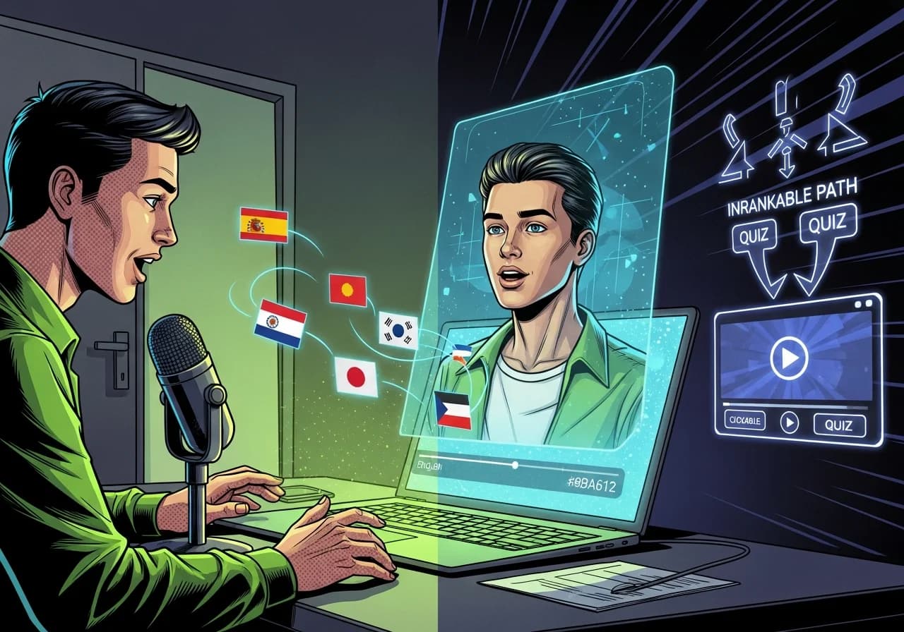 Cover Image for Split-screen creator workspace shot: on the left, a person at a desk talking into a microphone while a photorealistic AI avatar version of themselves speaks on a glowing laptop screen, with floating language flag icons (English, Spanish, Korean, Japanese, Arabic) flowing into a video timeline. On the right side of the frame, an interactive video player with clickable quiz buttons and branching path arrows hovering above it. Modern bright lighting, neon blue and purple accents, subtle holographic glow around the avatar. The mood feels inspiring and futuristic, evoking one creator effortlessly reaching a global audience through AI technology. Thumbnail style, high-contrast, eye-catching.