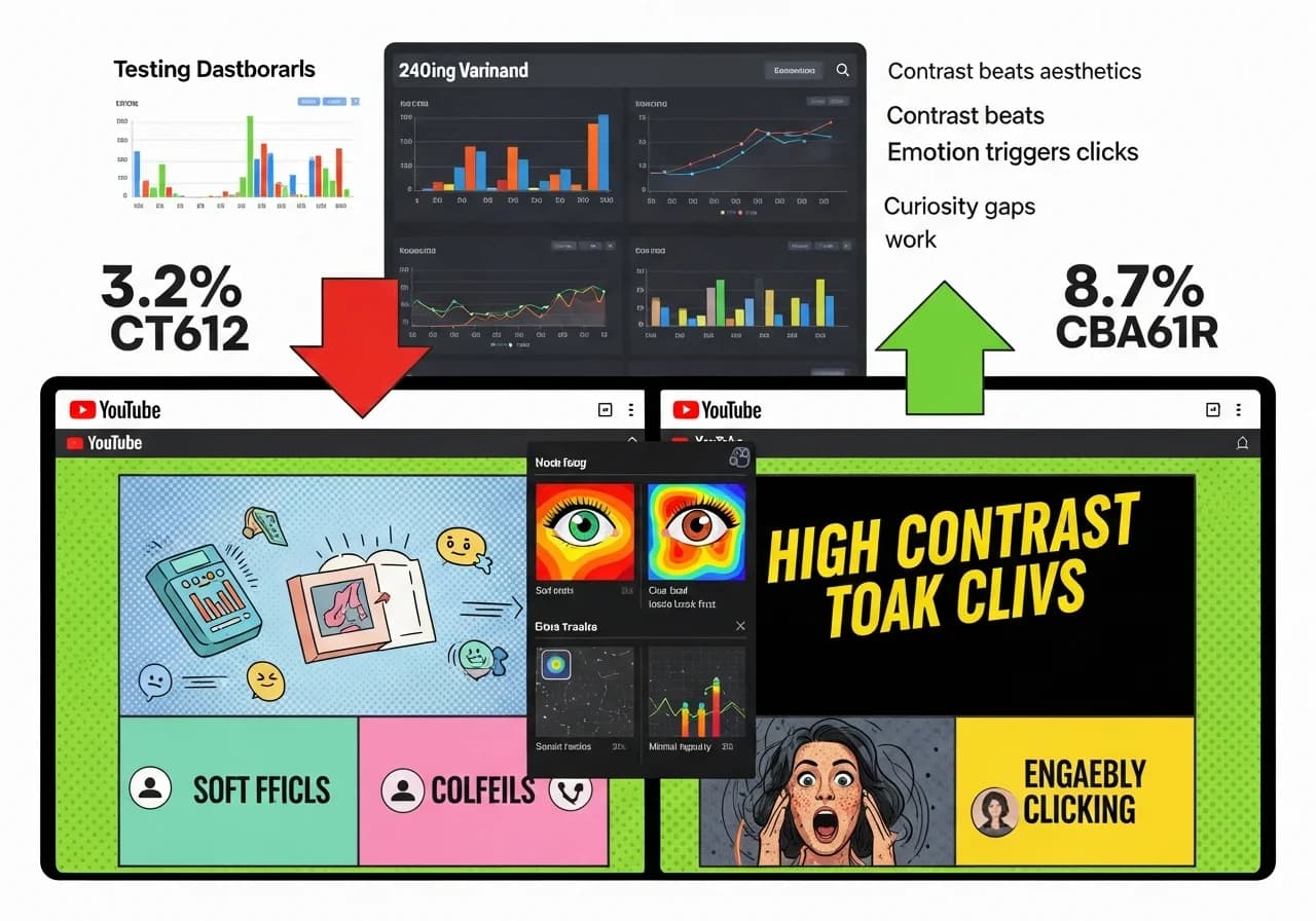 Cover Image for A compelling A/B test comparison display showing two thumbnail approaches side by side with performance metrics overlaid. On the left, a generic AI-generated thumbnail with soft focus, pastel colors, cluttered elements, and small text, labeled '3.2% CTR' with a red downward arrow and viewer icons scrolling past. On the right, a human-optimized thumbnail with high contrast (bright yellow text on dark background), clear focal point showing an expressive face or dramatic visual, minimal elements, and large readable text, labeled '8.7% CTR' with a green upward arrow and engaged viewer icons clicking. Between them, a split-screen YouTube browse page showing both thumbnails in the wild with eye-tracking heat maps revealing where viewers look first. Background displays a testing dashboard with 240 thumbnail variants, graphs showing CTR trends, and key insights highlighted: 'Contrast beats aesthetics', 'Emotion triggers clicks', 'Curiosity gaps work'. The image demonstrates data-driven thumbnail science rather than guesswork.