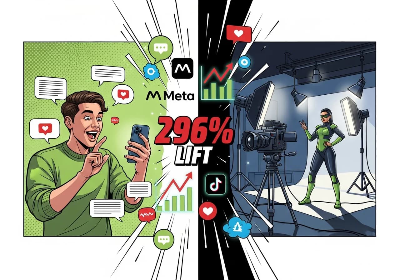 Cover Image for Split-screen comparison showing a casual smartphone-filmed UGC creator on the left talking enthusiastically to camera in natural lighting, versus a polished studio setup on the right with professional lighting, cameras, and a brand model in a sleek commercial environment. Large performance metrics overlay the center: '296% lift' in bold red, with upward trending conversion graphs, engagement icons, and platform logos (Meta, TikTok) glowing around the edges. The UGC side shows authentic engagement bubbles and comments, while the studio side displays premium brand imagery.