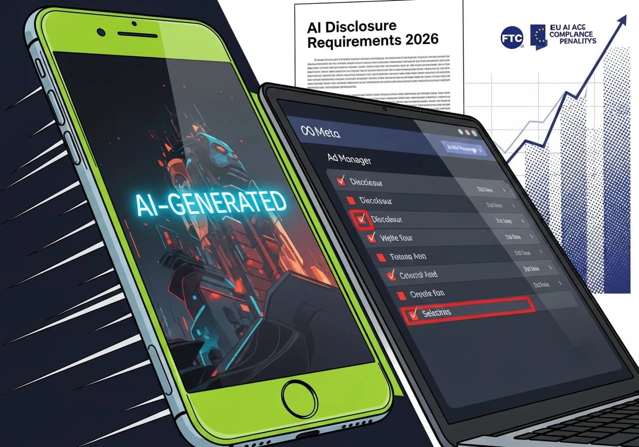 Cover Image for Split-screen composition showing a smartphone displaying a TikTok ad with a prominent 'AI-Generated' label glowing in neon blue, next to a laptop screen showing Meta's Ad Manager interface with disclosure checkboxes highlighted in red. In the background, a legal document titled 'AI Disclosure Requirements 2026' with FTC and EU AI Act logos visible, and a graph showing rising compliance penalties in dramatic upward trajectory. The overall mood conveys urgency and the critical importance of understanding these new regulations to avoid costly mistakes.