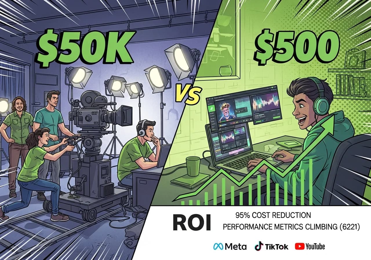 Cover Image for Split-screen dramatic comparison showing traditional video production studio with expensive camera equipment and crew on left (labeled '$50K') versus modern creator at laptop with AI interface generating multiple video variations on screen on right (labeled '$500'), with upward trending ROI graph overlay in vibrant green showing 95% cost reduction and performance metrics climbing, professional marketing aesthetic with Meta, TikTok, and YouTube platform logos subtly integrated