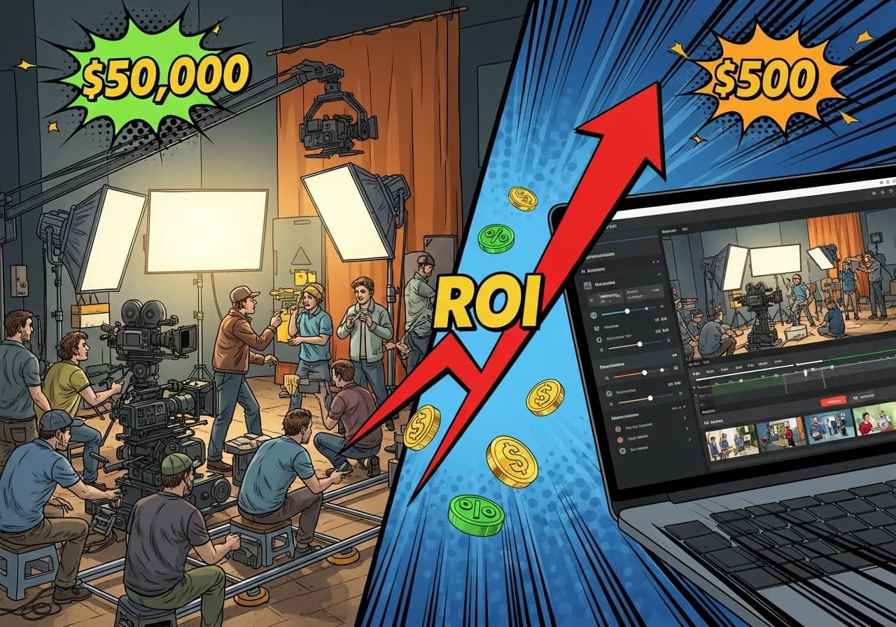 Cover Image for Split-screen comparison showing a traditional film production set with cameras, lighting crew, and expensive equipment on the left (with a $50,000 price tag floating above), versus a laptop screen on the right displaying an AI video generator interface with a $500 price tag, both creating the same marketing video. In the center, a bold red arrow pointing upward shows a ROI graph climbing dramatically, with percentage symbols and dollar signs floating around it. The image uses dramatic lighting and a modern, high-contrast color scheme with electric blue and orange accents to create excitement and urgency about the cost revolution in video advertising.