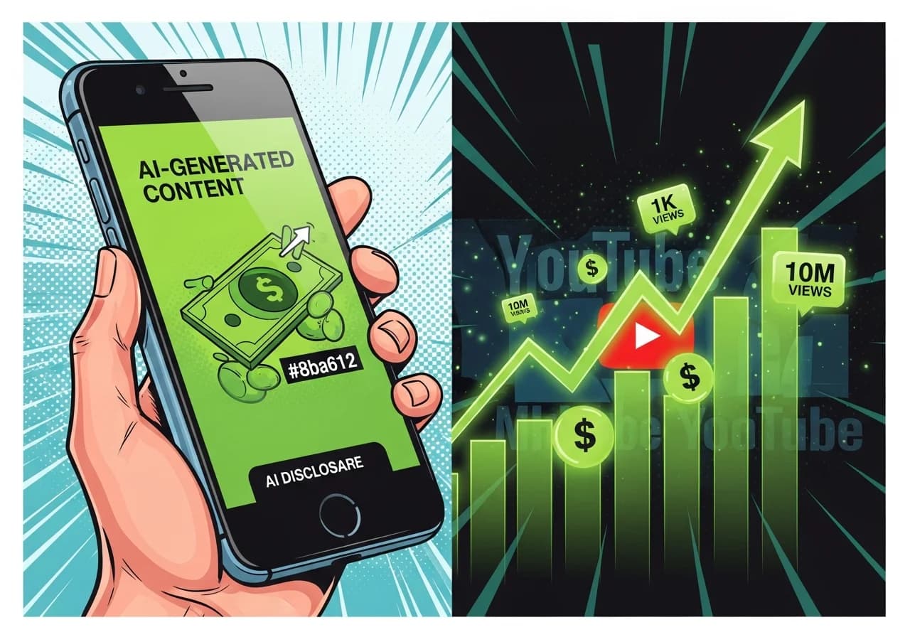 Cover Image for Split-screen composition showing a smartphone displaying a vertical YouTube Short with an AI disclosure label on the left side, and on the right side a dramatic upward-trending revenue graph with glowing green dollar signs and view count milestones (1K, 10M views) overlaid on a dark background with YouTube's signature red and white branding elements, conveying the journey from zero to monetization success with AI-generated content.