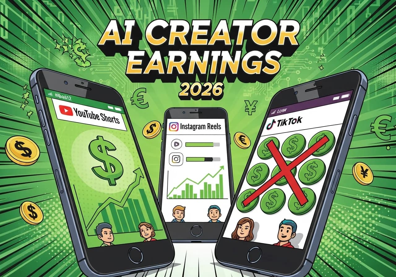 Cover Image for Split-screen comparison showing three smartphones side by side: left phone displays YouTube Shorts with green dollar signs and upward trending graph overlay, center phone shows Instagram Reels with moderate earnings indicators, right phone shows TikTok with a red X over dollar signs. Bold text overlay reads 'AI Creator Earnings 2026' with dramatic lighting and money symbols floating around each device. Background features subtle binary code and AI circuit patterns suggesting automated content creation.