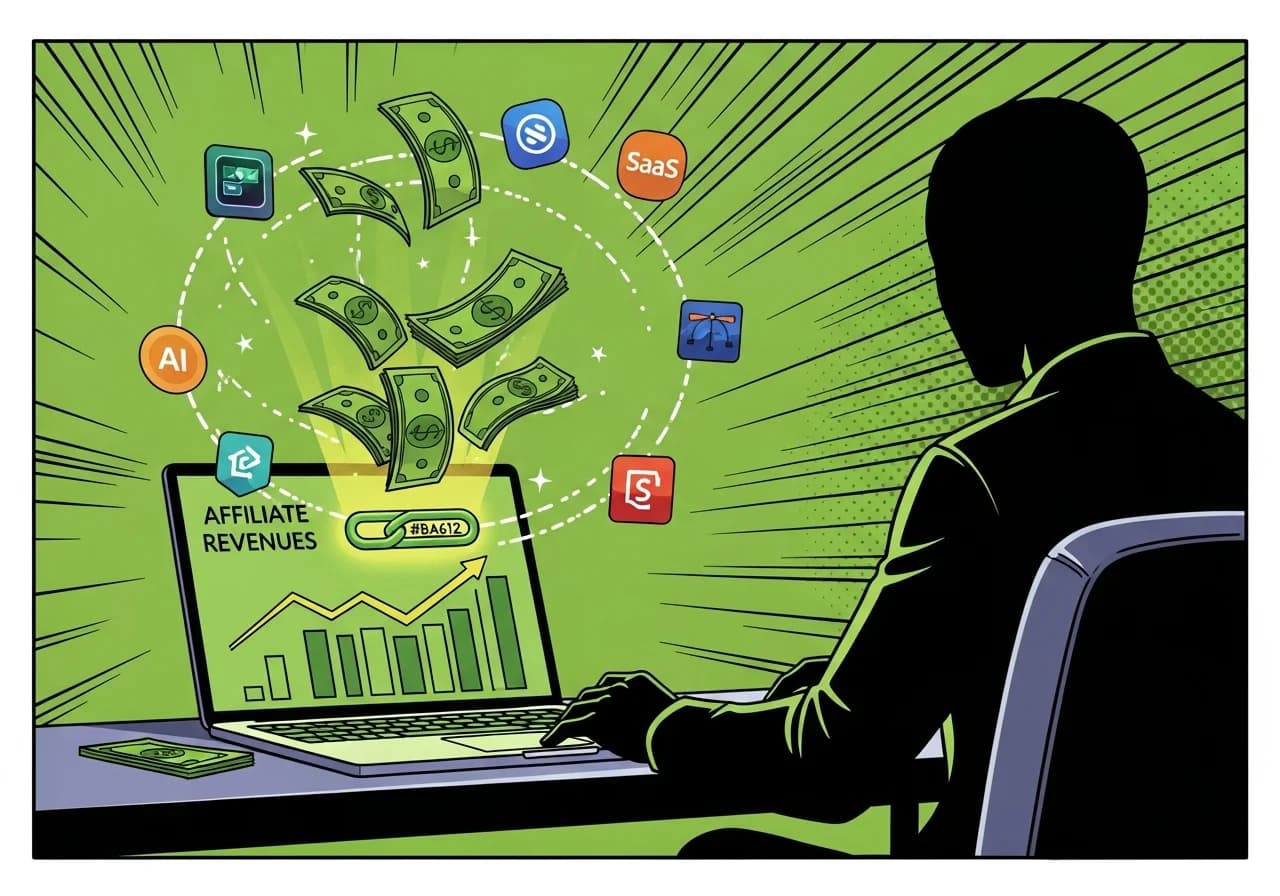 Cover Image for A minimalist workspace showing a laptop screen displaying rising affiliate revenue graphs in green and gold, stacks of dollar bills materializing from a glowing affiliate link, and floating icons of popular SaaS tools (video editors, AI platforms, design software) orbiting around the screen. The background shows a faceless silhouette at the desk, emphasizing anonymity. The color scheme is professional with pops of success-green highlighting the revenue potential. Style: modern digital illustration with subtle tech elements and money motifs that evoke the dream of passive recurring income.
