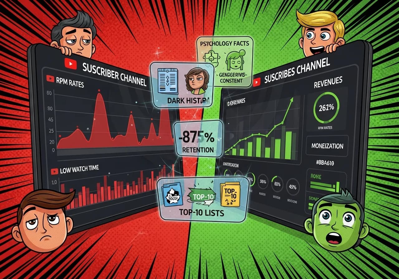 Cover Image for A dramatic split-screen comparison showing two contrasting YouTube analytics dashboards side by side. On the left, a failing generic listicle channel with flat subscriber growth and low watch time graphs in red. On the right, a thriving narrative-driven faceless channel with exponential subscriber growth curves, high retention metrics, and revenue graphs shooting upward in vibrant green and gold. Between them, floating holographic data points showing RPM rates, viewer retention percentages, and monetization timelines. The successful side features icons representing psychology facts, dark history, and story-driven content, while the failing side shows basic top-10 lists fading into shadows. Dramatic lighting emphasizes the stark contrast between strategies.