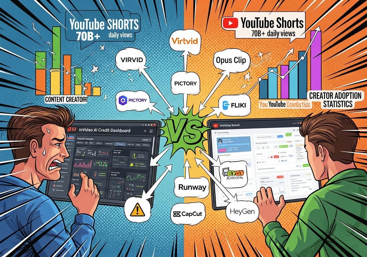 Cover Image for Split-screen comparison showing InVideo AI's confusing credit dashboard on the left with frustrated creator, versus streamlined alternatives on the right with smooth workflow visualization. Center shows a large 'VS' with arrows pointing to 7 alternative tool logos (Virvid, Pictory, Opus Clip, Fliki, Runway, CapCut, HeyGen). Background displays rising graphs of YouTube Shorts views (70B+ daily) and creator adoption statistics. Vibrant colors suggest transformation from complexity to simplicity, with visual emphasis on speed, clarity, and viral potential.