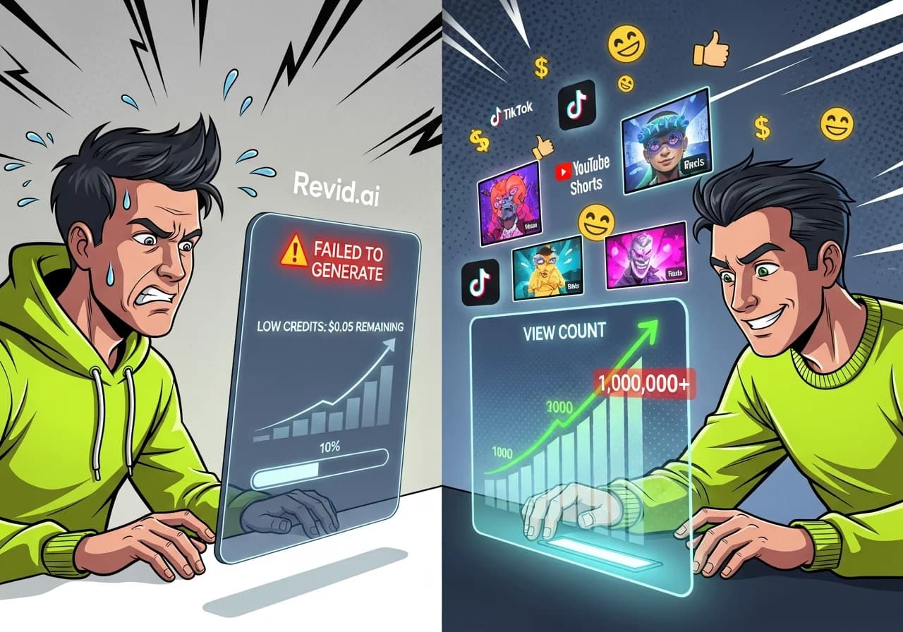 Cover Image for Split-screen comparison showing a frustrated creator on the left looking at a Revid.ai interface with error messages and depleted credits, contrasted with a successful creator on the right confidently using alternative AI tools with a growing view count dashboard displaying exponential growth graphs in green. The right side shows thumbnails of viral shorts being generated automatically, with platform logos (TikTok, YouTube Shorts, Instagram Reels) glowing around them. Money savings symbols and satisfied emoji reactions float in the background of the successful side.