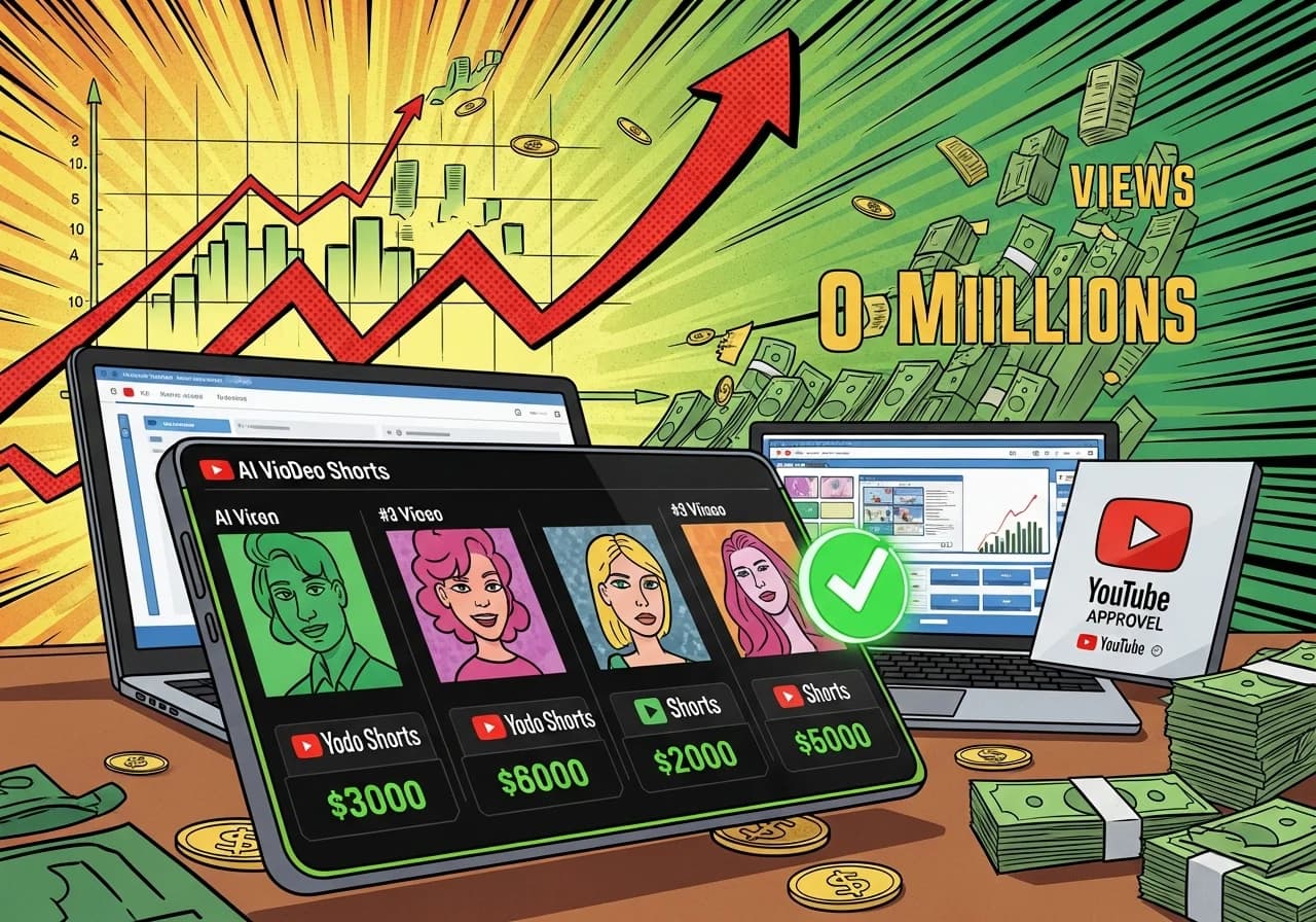 Cover Image for Split-screen comparison dashboard showing multiple AI video tools side-by-side with YouTube Shorts thumbnails, pricing tiers in bold numbers, and a glowing checkmark over the top-performing tool. In the background, a graph arrow shoots upward in red showing views skyrocketing from 0 to millions. The workspace includes a laptop displaying automated video generation, stacks of dollar bills, and a YouTube monetization approval badge prominently featured. The image conveys the dream of finding the perfect tool that delivers viral success, passive income, and effortless content creation for faceless channels.