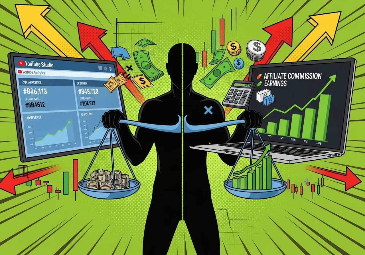 Cover Image for Split-screen image showing two contrasting revenue dashboards: left side displays YouTube Studio analytics with modest RPM numbers and ad revenue graphs in muted blues, right side shows vibrant green affiliate commission earnings soaring upward on a laptop screen, with dollar bills and product icons floating between them, calculator showing multiplication symbols, and a faceless creator silhouette in the center holding both revenue streams like scales, one side clearly heavier with affiliate money, background features financial charts and upward trending arrows in reds and golds creating excitement and FOMO about choosing the right monetization strategy