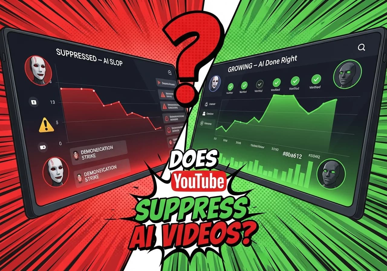 Cover Image for A split-screen YouTube analytics dashboard: on the left, a faceless AI channel with a plummeting red views graph labeled 'SUPPRESSED — AI Slop', showing warning icons and demonetization strikes. On the right, a thriving AI channel with an exponential green views curve labeled 'GROWING — AI Done Right', showing verified monetization badges and thousands of new subscribers. Bold text overlay reads: 'Does YouTube Suppress AI Videos?' with a large question mark, creating intense curiosity and FOMO for creators wondering if their AI content is being held back.