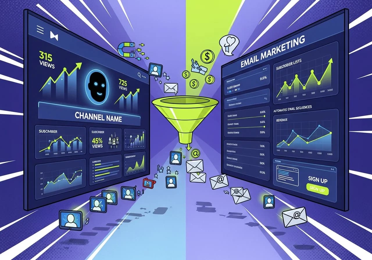 Cover Image for A dynamic split-screen visualization showing a faceless YouTube channel dashboard on the left with rising view counts and subscriber metrics, transitioning into an email marketing platform on the right displaying growing subscriber lists, automated email sequences, and revenue graphs climbing upward. In the center, a glowing funnel connects the two sides with viewer icons flowing into email icons. The color scheme uses deep purples and electric blues with neon accents, evoking the excitement of building a profitable owned audience. Small UI elements show lead magnets, landing pages, and dollar signs to represent the monetization journey from platform views to email revenue.