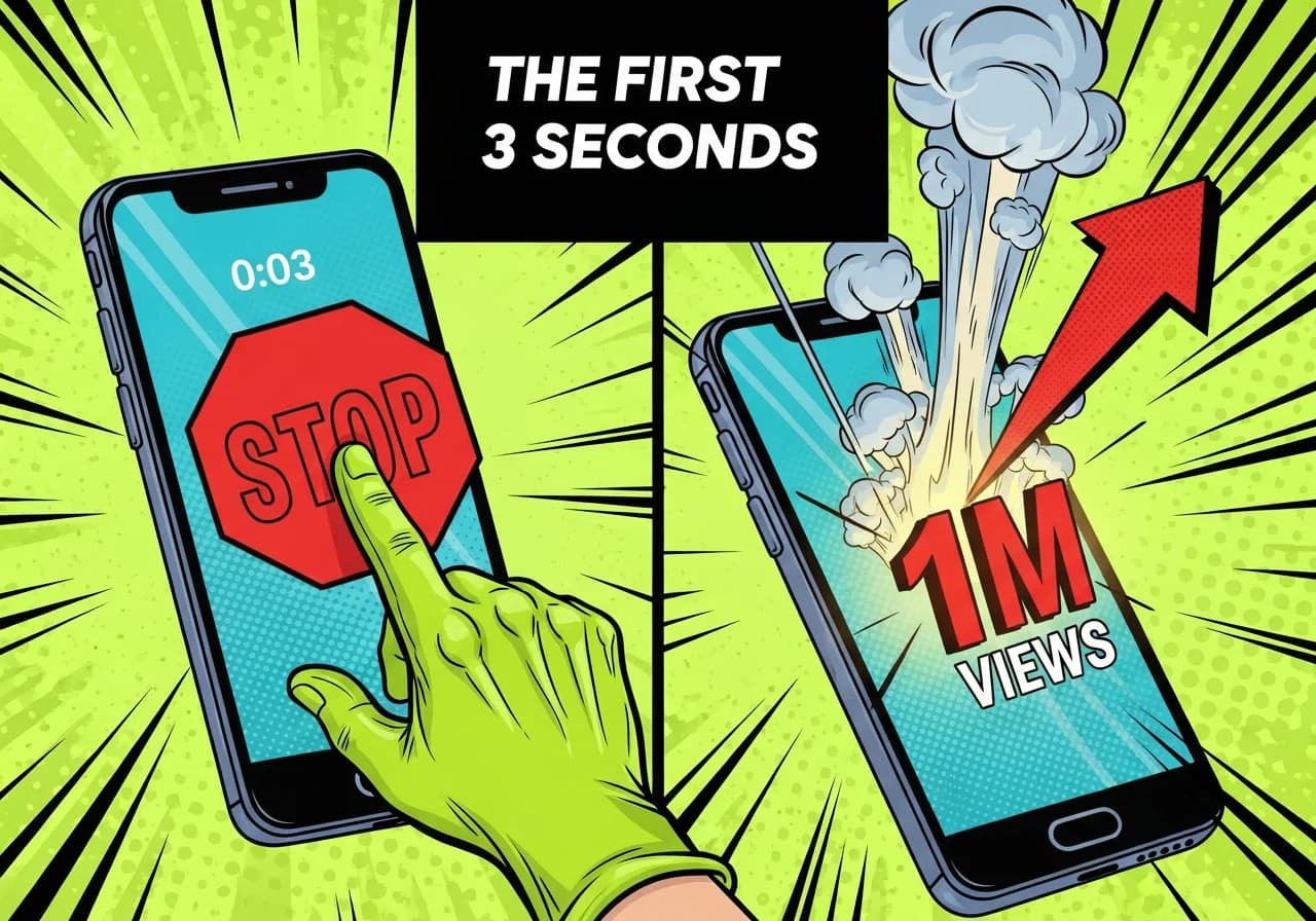 Cover Image for A dramatic split-screen image styled like a YouTube thumbnail: on the left, a hand frozen mid-swipe on a phone showing a vertical short paused at the 0:03 mark, a giant red STOP symbol overlaid; on the right, the same phone with a view counter exploding past 1 million, a bold red upward arrow, and the number glowing. Bold white text at the top reads 'THE FIRST 3 SECONDS'. High-contrast, urgent energy designed to make content creators feel FOMO and click immediately.