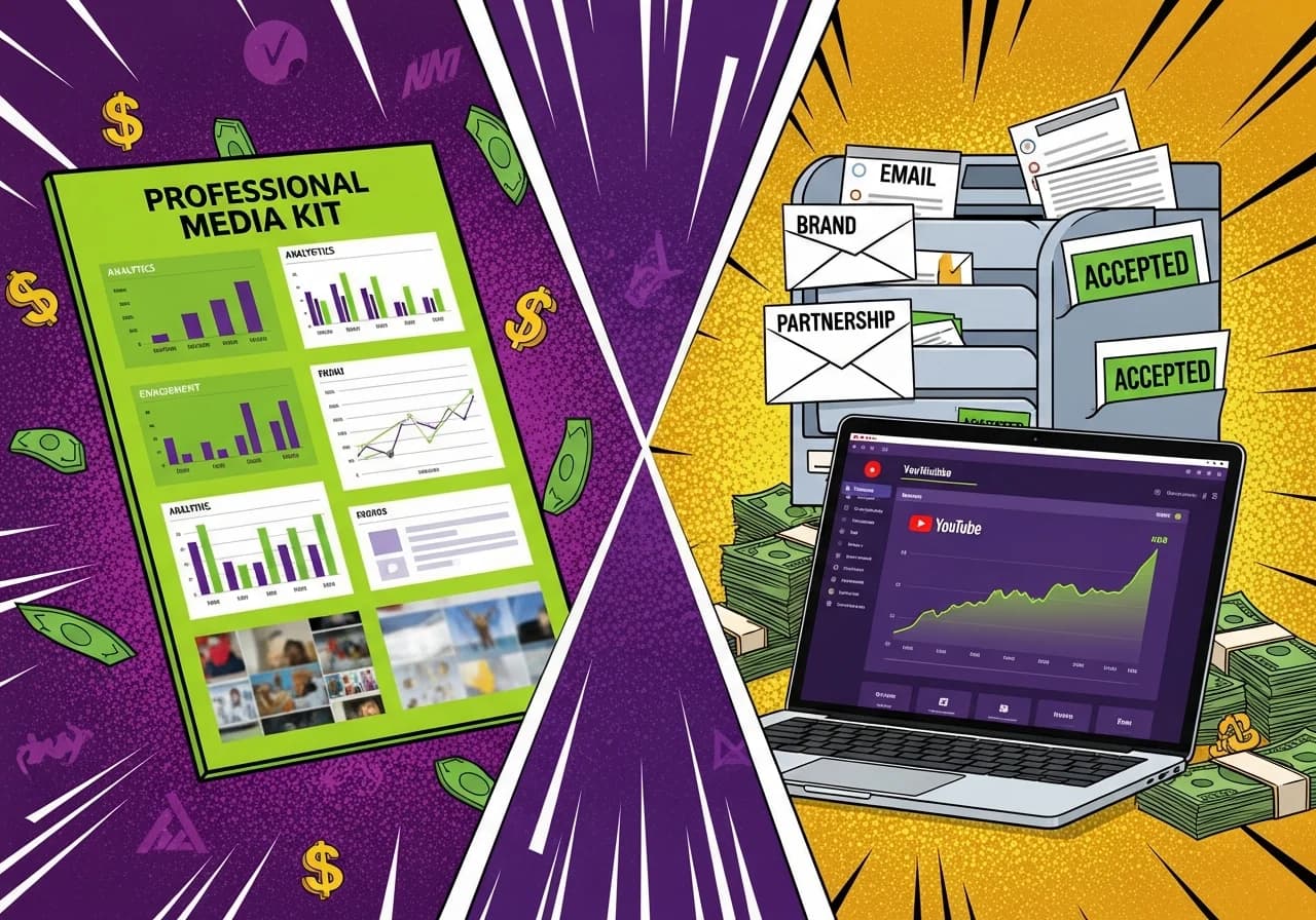 Cover Image for Split-screen visual showing left side: a professional media kit PDF with analytics graphs, engagement charts, and portfolio screenshots (no person visible), floating against a gradient background with dollar signs and brand logos. Right side: an inbox with multiple brand partnership emails marked 'ACCEPTED' in green, with stacks of cash and a laptop displaying a faceless YouTube channel dashboard showing exponential growth. Color scheme: deep purple, gold accents, modern flat design. Evokes the transformation from anonymous creator to profitable brand partner, emphasizing data over personality.