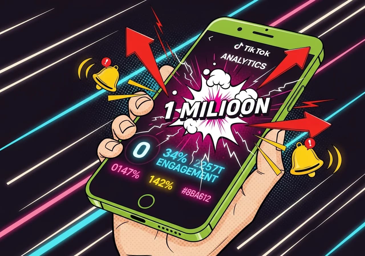 Cover Image for A dramatic smartphone screen showing a TikTok analytics dashboard with a view counter exploding from 0 to 1 million, red upward arrows bursting out of the screen, notification bells ringing, glowing engagement metrics, dark background with neon pink and cyan accents, the excitement of going viral visualized as electric energy radiating from the device.