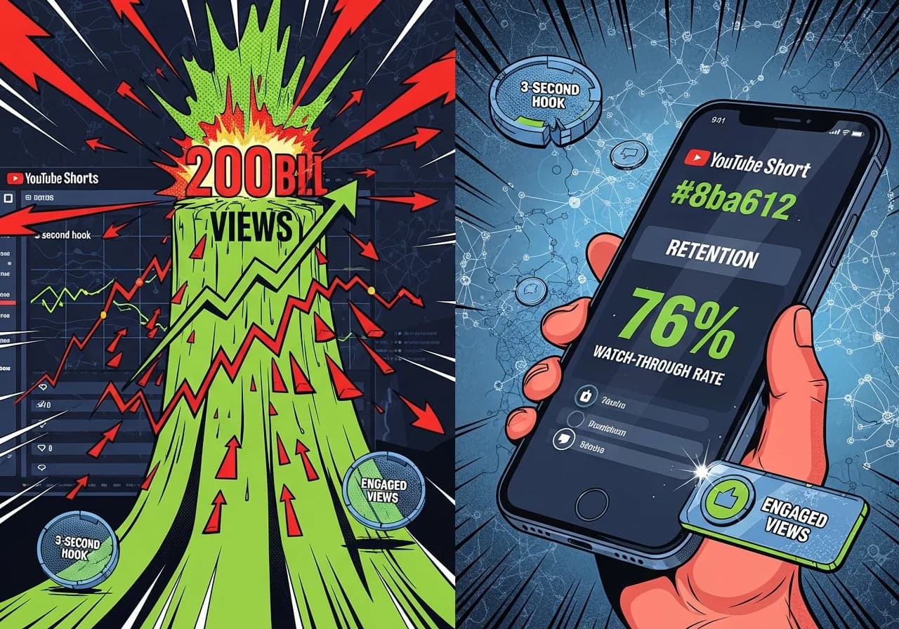 Cover Image for Split-screen visualization: Left side shows a YouTube Shorts analytics dashboard with a massive red upward-trending graph breaking through 200 billion views with explosive growth arrows. Right side displays a smartphone showing a vertical Short with retention metrics overlaid - a bright green 76% watch-through rate and glowing engagement icons. Background features algorithmic neural network patterns in YouTube red and white, with '3-second hook' timer and 'engaged views' badges floating around. The overall mood is exciting, data-driven success with a tech-forward aesthetic that makes viewers feel they're about to unlock hidden growth secrets.