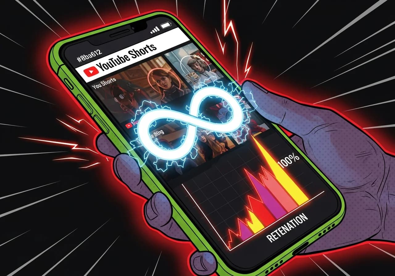 Cover Image for A smartphone held up against a dark background showing a YouTube Shorts feed with a glowing infinity loop symbol overlaid on the video, a retention graph in the bottom corner spiking above 100%, with dramatic red and neon lighting. The vibe is cinematic and exciting, suggesting a creator's secret weapon being revealed — something most people scroll past without realizing.