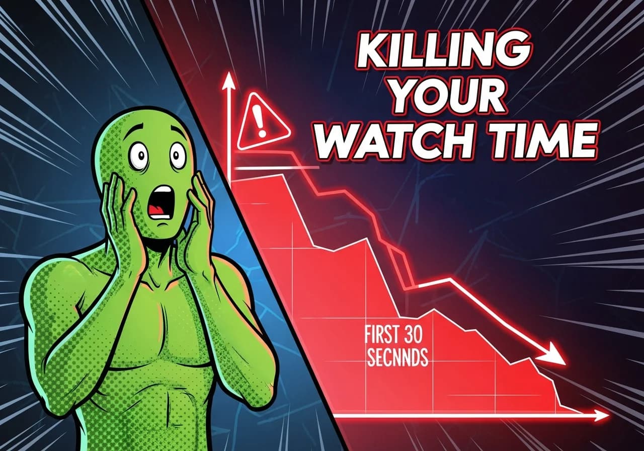 Cover Image for A split-screen YouTube analytics dashboard showing a steep red audience retention drop-off graph plummeting within the first 30 seconds, with a shocked faceless creator avatar on the left side and a glowing red warning sign overlaid. The mood is urgent and alarming — like a creator watching their channel's growth die in real-time. Bold text reading 'KILLING YOUR WATCH TIME' floats over the graph. Dark background, high contrast neon accents, YouTube-style thumbnail design.