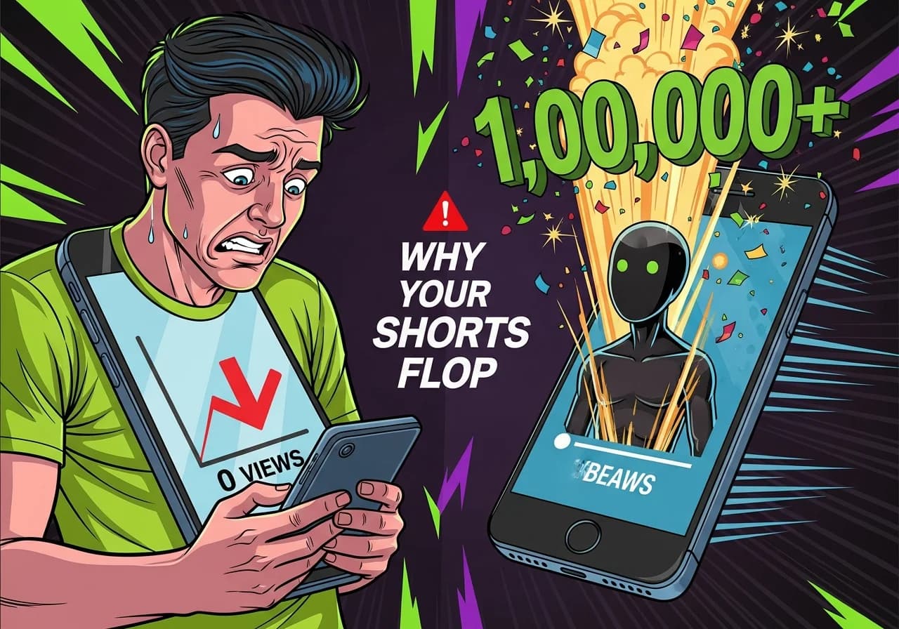 Cover Image for A dramatic split-screen YouTube thumbnail showing two phones side by side: on the left, a creator looking frustrated at a phone with a flat views graph showing 0 views and a red downward arrow; on the right, a faceless AI-generated short going viral with a views counter exploding upward past 1 million in bold green numbers, sparks and confetti flying around it. Bold text overlay in the center reads 'WHY YOUR SHORTS FLOP' in white with a red warning icon. The background is dark with neon accents. The image should feel urgent, relatable and curiosity-provoking for creators who are struggling to get views.