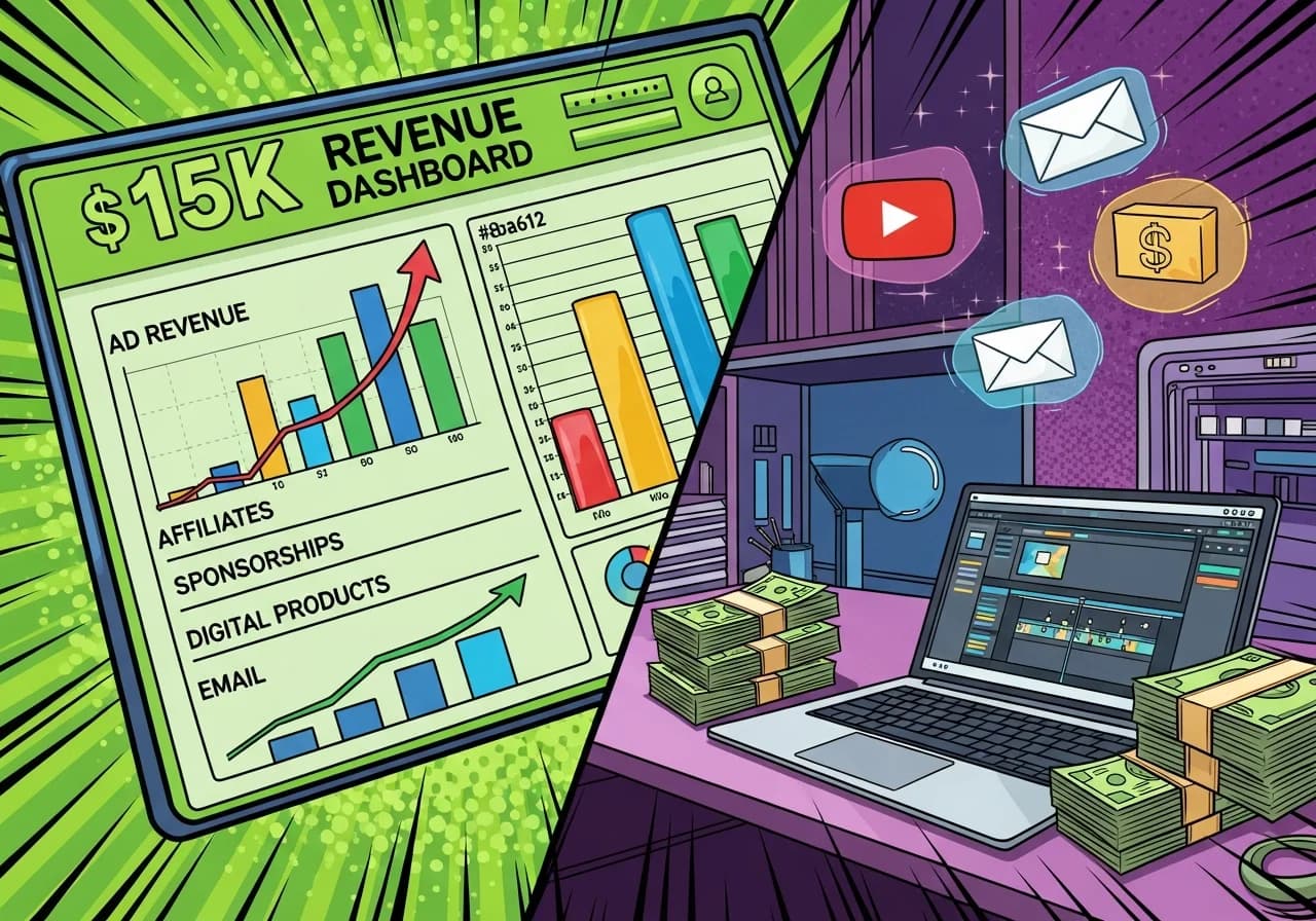 Cover Image for Split-screen visualization showing a faceless content creator's revenue dashboard on the left with five income streams (ad revenue, affiliates, sponsorships, digital products, email) each represented by growing bar charts in different colors, totaling $15K at the top. On the right side, a sleek workspace with a laptop displaying video editing software, stacks of dollar bills, and holographic icons of YouTube, email envelopes, and product packages floating above. The scene conveys professional success and multiple revenue streams without showing any human face, using a modern purple and gold color scheme that suggests wealth and digital entrepreneurship.