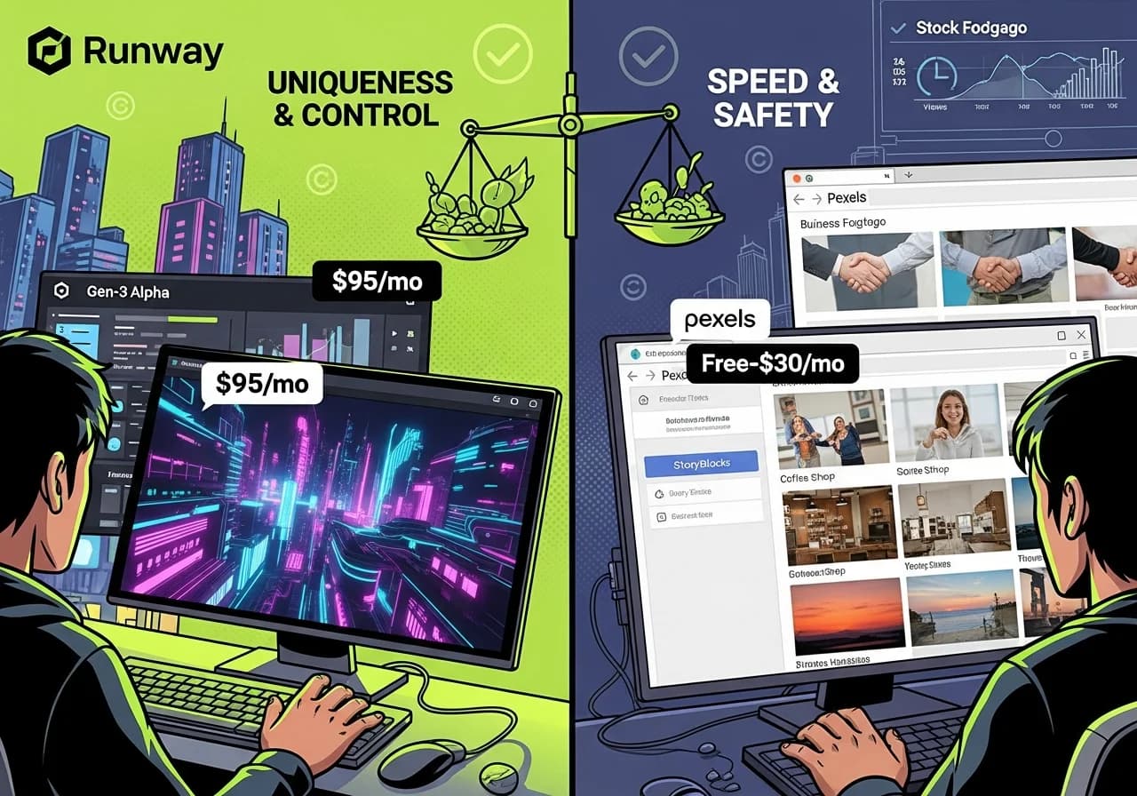 Cover Image for A dramatic split-screen comparison showing two video production workflows. On the left, a creator using Runway AI with a futuristic interface displaying custom-generated footage of a neon-lit cityscape morphing and animating, with 'Gen-3 Alpha' and '$95/mo' overlays, surrounded by unique otherworldly visuals impossible to find in stock libraries. On the right, a traditional stock footage workspace showing Pexels and Storyblocks browser tabs with generic business handshake clips, coffee shop scenes, and sunset timelapses, marked 'Free-$30/mo' but with obvious visual repetition. Between them, a scale balancing 'Uniqueness & Control' against 'Speed & Safety'. The Runway side glows with creative energy and custom animations, while the stock side shows efficiency but cookie-cutter sameness. Background elements include copyright checkmarks, render time clocks, and view count graphs showing different performance curves for unique versus generic content.