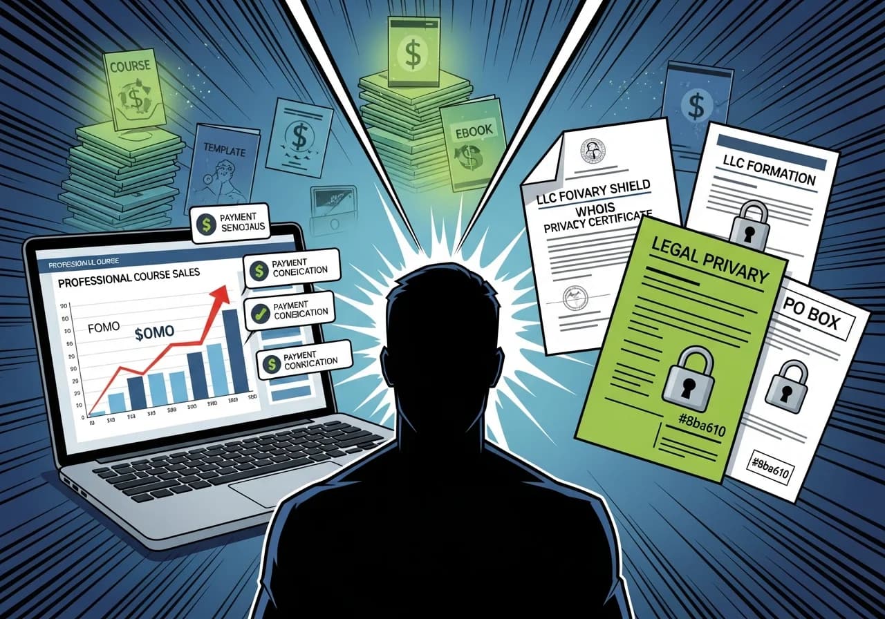 Cover Image for Split-screen image showing a faceless creator's setup: left side displays a professional course sales page with rising revenue graphs and payment confirmations on a laptop, right side shows legal privacy documents (LLC formation, WHOIS privacy shield, PO Box setup) with lock icons. Background features stacked digital products (course thumbnails, template previews, ebook covers) glowing with dollar signs, while the creator's silhouette remains completely obscured in shadow. Color palette of deep blues and greens suggesting security and profitability, with accent highlights on the revenue numbers to create FOMO.