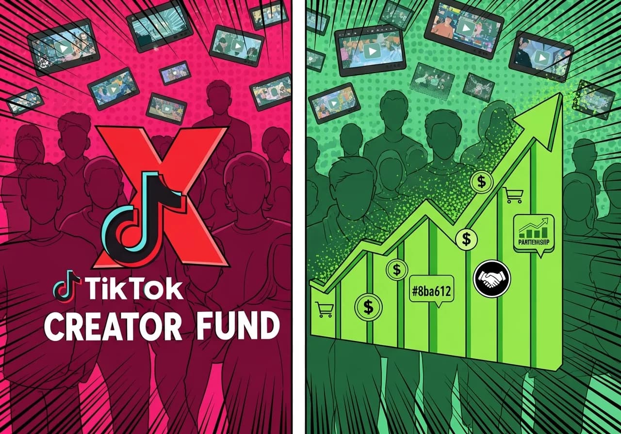 Cover Image for A split-screen showing a red 'X' over TikTok's Creator Fund logo on one side, and on the other side a glowing green upward revenue chart with dollar signs, shopping cart icons, and brand partnership handshake symbols. The background shows faceless creator silhouettes with AI-generated video thumbnails floating around them, representing the alternative monetization paths available despite the ban.