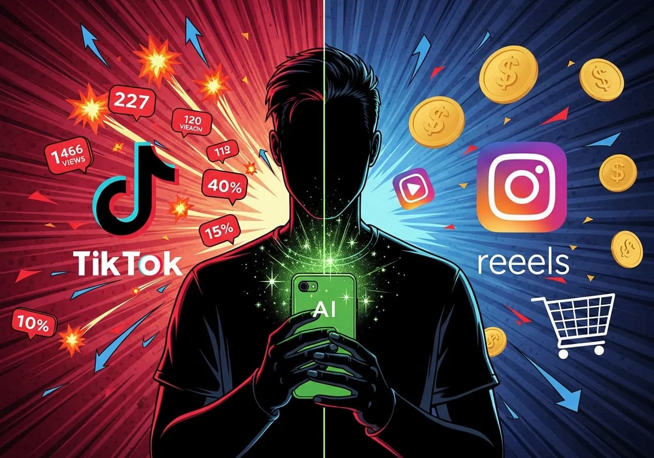 Cover Image for Split-screen comparison showing TikTok logo on left with explosive viral reach graphics and view counters shooting upward in red, Instagram Reels logo on right with dollar signs and shopping cart icons representing conversions, a faceless creator silhouette in the center holding a phone with AI sparkle effects, dark gradient background with neon blue and pink accents suggesting the battle between platforms.