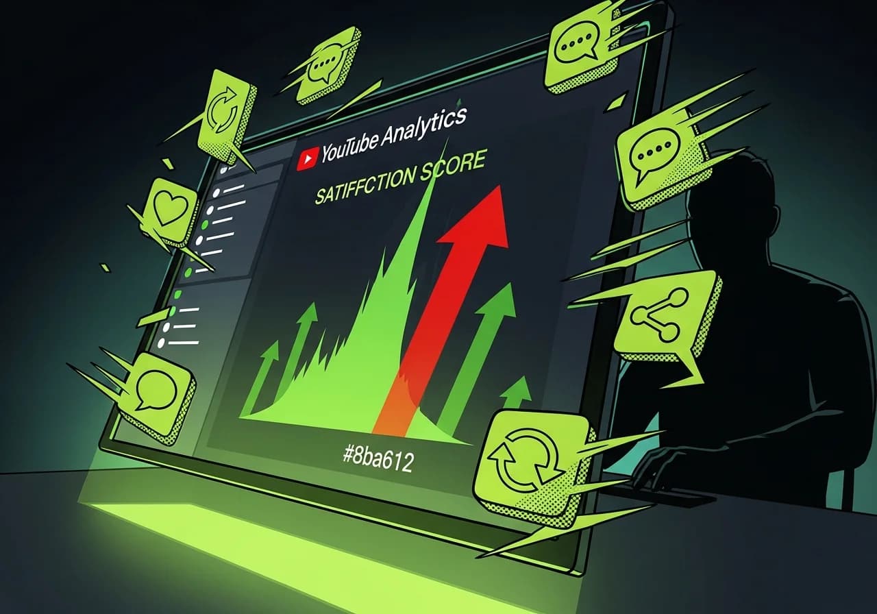 Cover Image for A dramatic close-up of a YouTube Analytics dashboard glowing on a dark screen, showing a satisfaction score meter spiking into the green zone, surrounded by floating icons of a heart (likes), speech bubble (comments), share arrow, and looping arrows (rewatches). In the background, a blurred faceless video creator silhouette sits at a desk. The overall mood is tense and exciting, like a scoreboard ticking up. Bold red upward arrows pierce through the data. The image should feel like revealing a secret dashboard most creators never see.