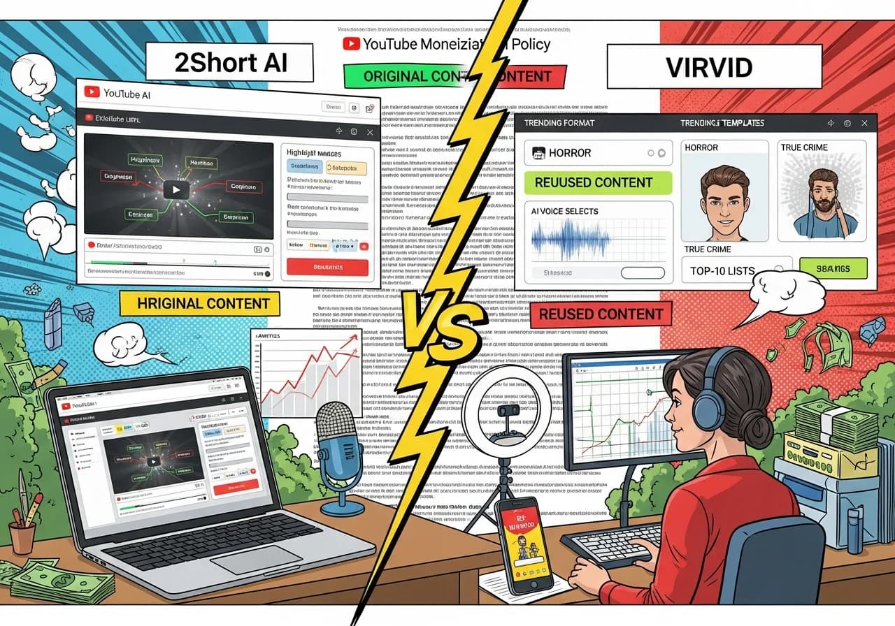 Cover Image for Split screen comparison showing a content creator's workspace. Left side displays a laptop screen with 2Short AI interface analyzing a long YouTube video with highlight markers and caption text, showing the URL input field and extracted clip timeline. Right side shows Virvid's interface with trending format templates (horror, true crime, top-10 lists), AI voice selector with waveforms, and original AI-generated visuals being created from scratch. Center has a VS lightning bolt symbol. Background shows YouTube monetization policy document with 'Original Content' highlighted in green and 'Reused Content' marked in red. Professional desk setup with ring light, microphone, smartphone showing vertical short video, analytics graphs trending upward, and stacks of dollar bills representing monetization potential.