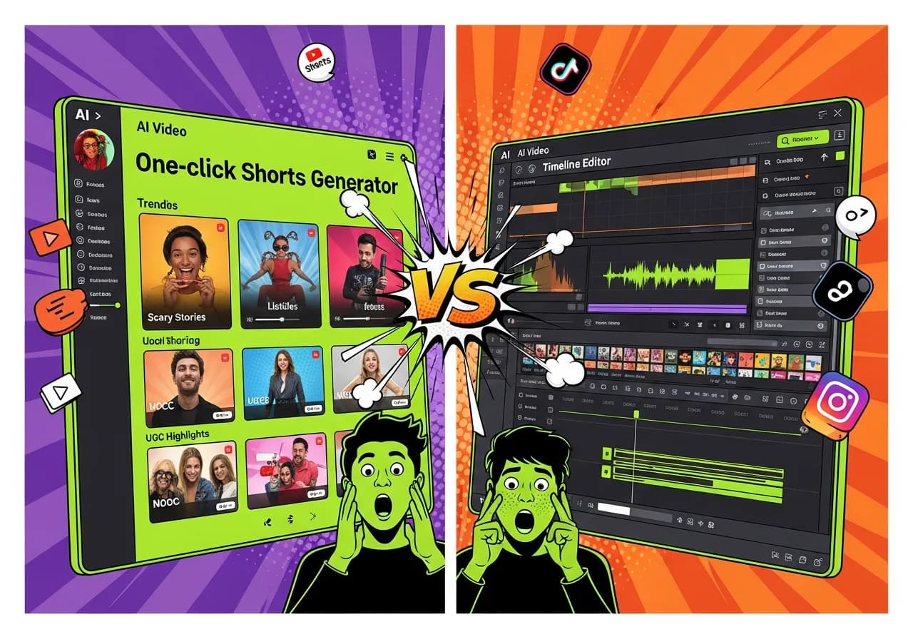 Cover Image for Split-screen comparison showing two AI video interfaces, left side displays a sleek one-click shorts generator with trending format thumbnails (scary stories, listicles, UGC), right side shows a complex timeline editor with stock footage library. Bold 'VS' text in center with creator silhouettes reacting with surprised expressions. Purple and orange gradient background with floating social media icons (YouTube Shorts, TikTok, Instagram Reels).