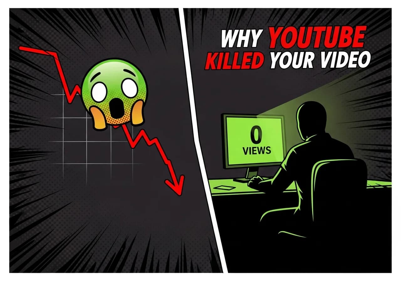 Cover Image for A dramatic split-screen thumbnail-style image: on the left, a YouTube analytics graph plummeting sharply downward in red with a shocked reaction emoji overlaid, on the right a dark faceless silhouette sitting at a desk with a glowing monitor showing zero views. Bold red text reads 'WHY YOUTUBE KILLED YOUR VIDEO' against a deep charcoal background. The mood is urgent, alarming, designed to provoke curiosity and fear-of-missing-out in any faceless content creator who sees it.