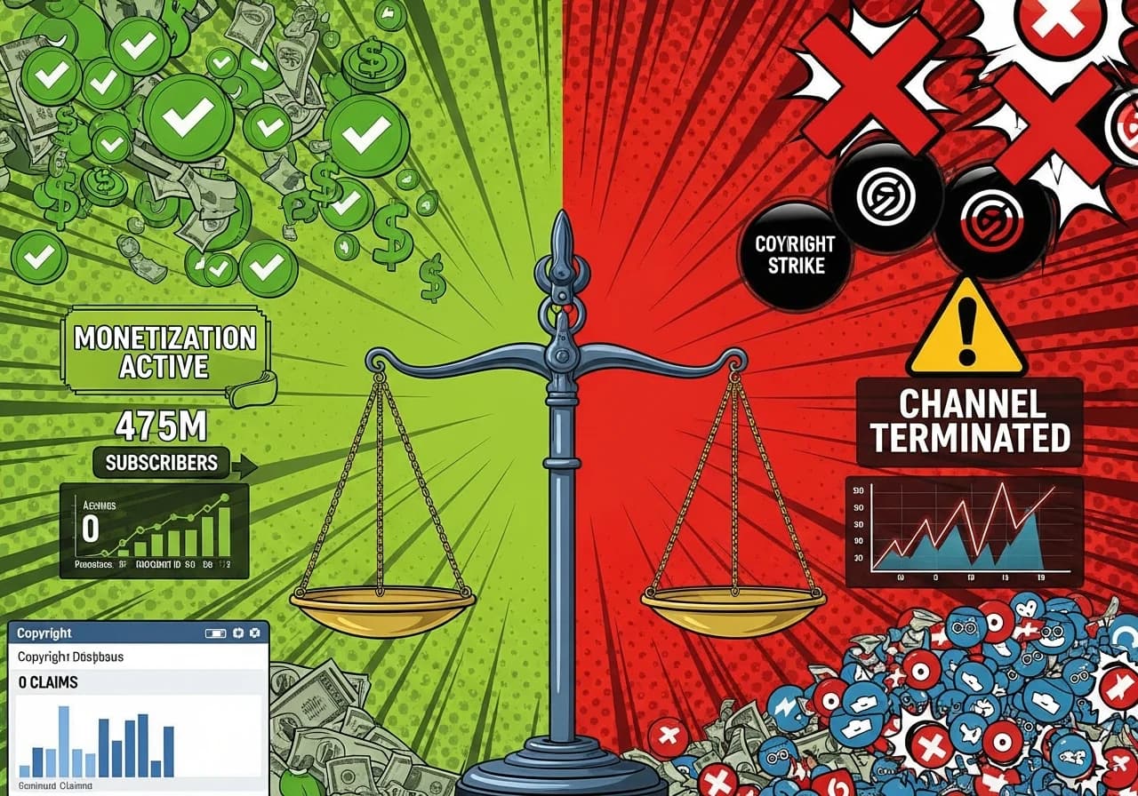 Cover Image for A dramatic split-screen visualization showing copyright consequences for faceless channels. Left side shows a thriving monetized channel: green checkmarks, dollar signs flowing, 'Monetization Active' badge, subscriber count rising, and clean copyright dashboard with zero claims. Right side shows a terminated channel: red X marks, three copyright strikes displayed prominently, 'Channel Terminated' warning, broken revenue graph dropping to zero, and Content ID claims flooding the screen. Center shows the dividing line as a scale of justice with copyright symbols, tipping from safe to dangerous. Background elements include: stock footage watermark being missed, copyrighted music waveform triggering Content ID, movie clip causing DMCA strike, and 'Fair Use' text with a red slash through it. Foreground shows a checklist of safe practices: YouTube Audio Library icon, Creative Commons badge, proper licensing documentation, and original content certificate. The image conveys the severe binary outcome: follow copyright rules and thrive, or ignore them and lose everything.