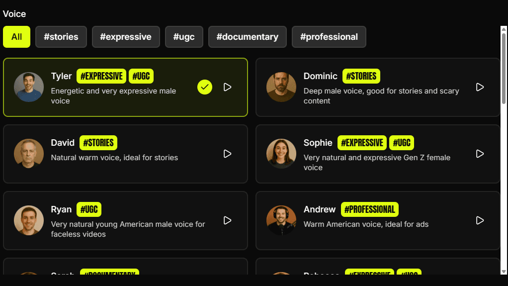 Virvid AI voice avatar library with 30+ ultra-realistic voices in 20+ languages for UGC videos, storytelling, and professional narration for faceless content