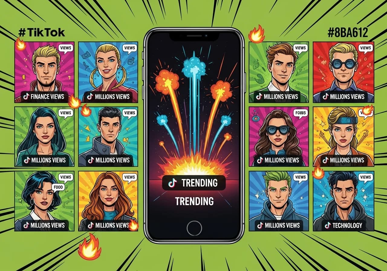 Cover Image for A dynamic split-screen showing 10 different TikTok video thumbnails across niches like finance, fitness, food, and tech, with view counters showing millions of views, viral flame icons, and a central phone screen displaying a trending video with explosive engagement metrics shooting upward in neon colors against a dark background.