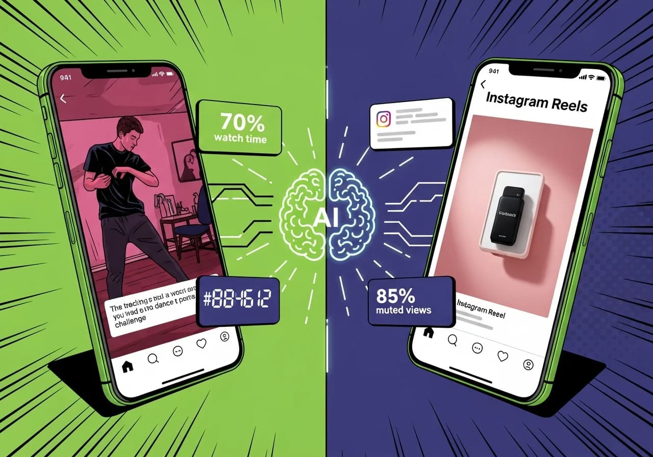 Cover Image for Split-screen comparison showing a phone with TikTok's raw, authentic DIY-style vertical video on the left (casual lighting, handheld feel, trending caption style) versus Instagram Reels' polished, aesthetically perfect vertical video on the right (clean composition, professional lighting, branded colors), with a glowing AI brain icon in the center analyzing both platforms' algorithm requirements, surrounded by floating metric cards showing '70% watch time' for TikTok and '85% muted views' for Reels, neon accent colors highlighting the algorithmic differences
