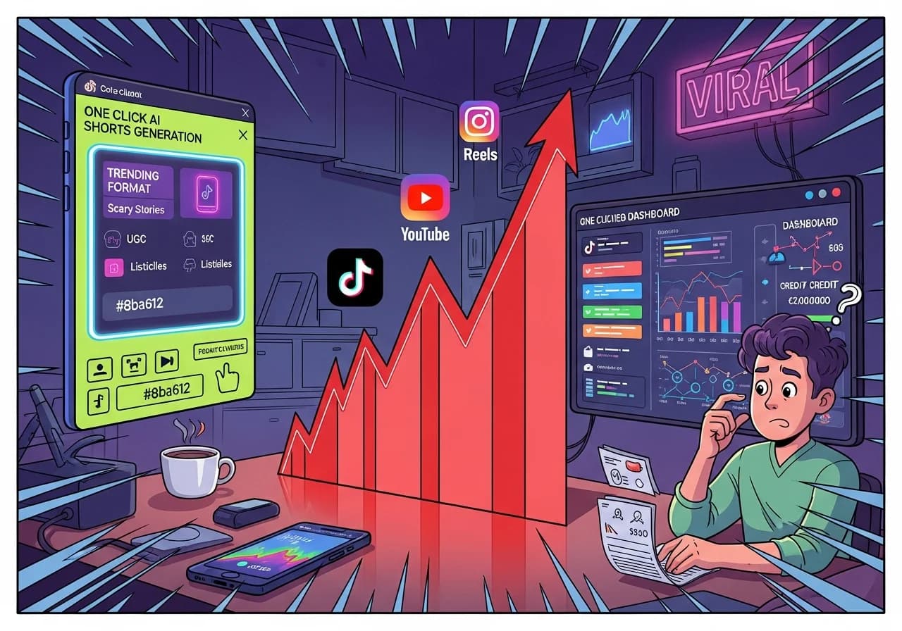 Cover Image for Split-screen comparison showing a streamlined one-click AI shorts generation interface on the left with trending format templates (scary stories, UGC, listicles) glowing in neon purple, versus a complex dashboard on the right with 60+ scattered tool icons and confused creator staring at credit calculations. In the center, a massive upward-trending graph in red shows views skyrocketing, with TikTok, Instagram Reels, and YouTube Shorts logos floating above. Background shows a content creator's desk with a smartphone displaying vertical 9:16 video, coffee cup, and neon 'VIRAL' sign flickering.
