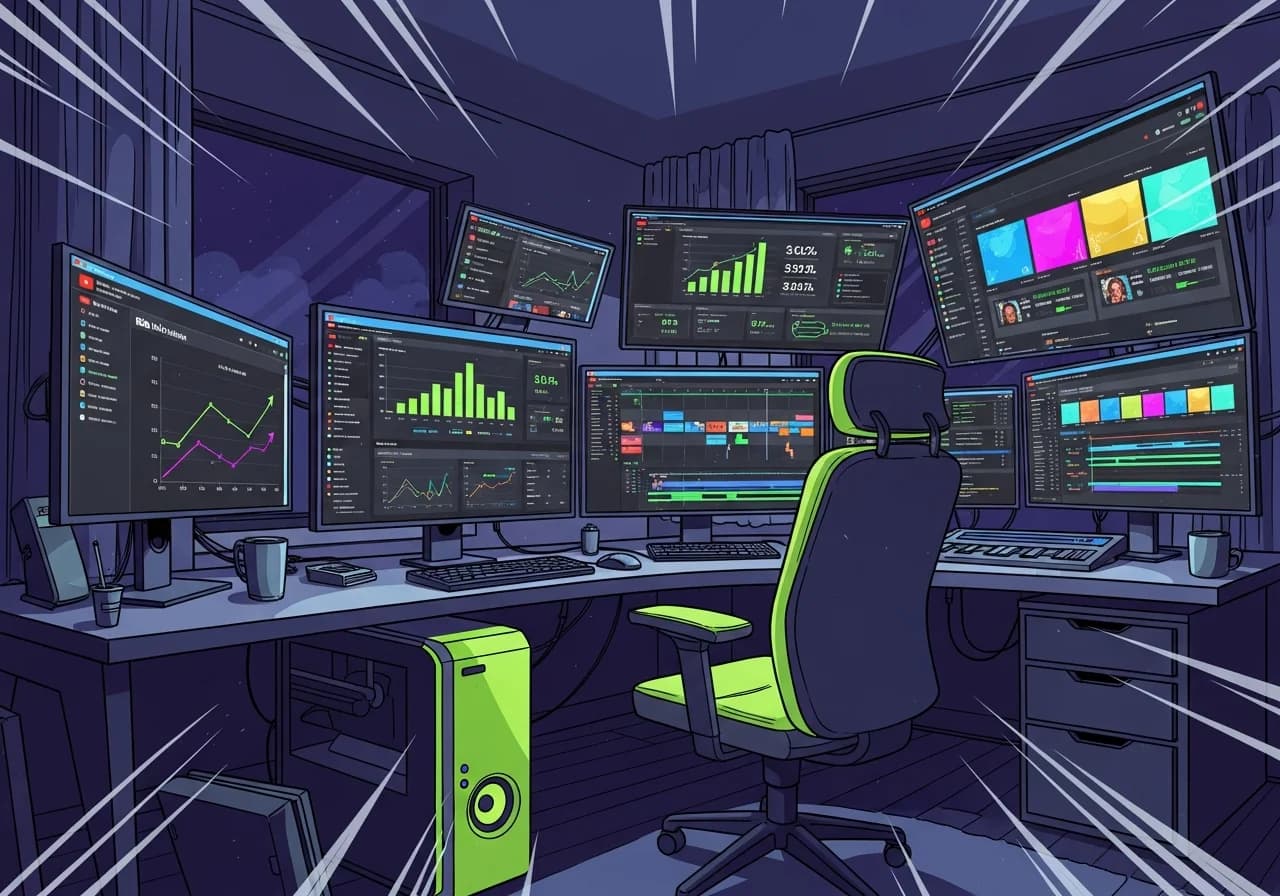 Cover Image for A modern creative workspace with multiple monitors displaying YouTube analytics dashboards, AI video editing software interfaces, and colorful animated thumbnails without human faces, illuminated by soft purple and blue ambient lighting with trending growth charts visible on screens showing exponential subscriber growth, RPM metrics, and video performance data