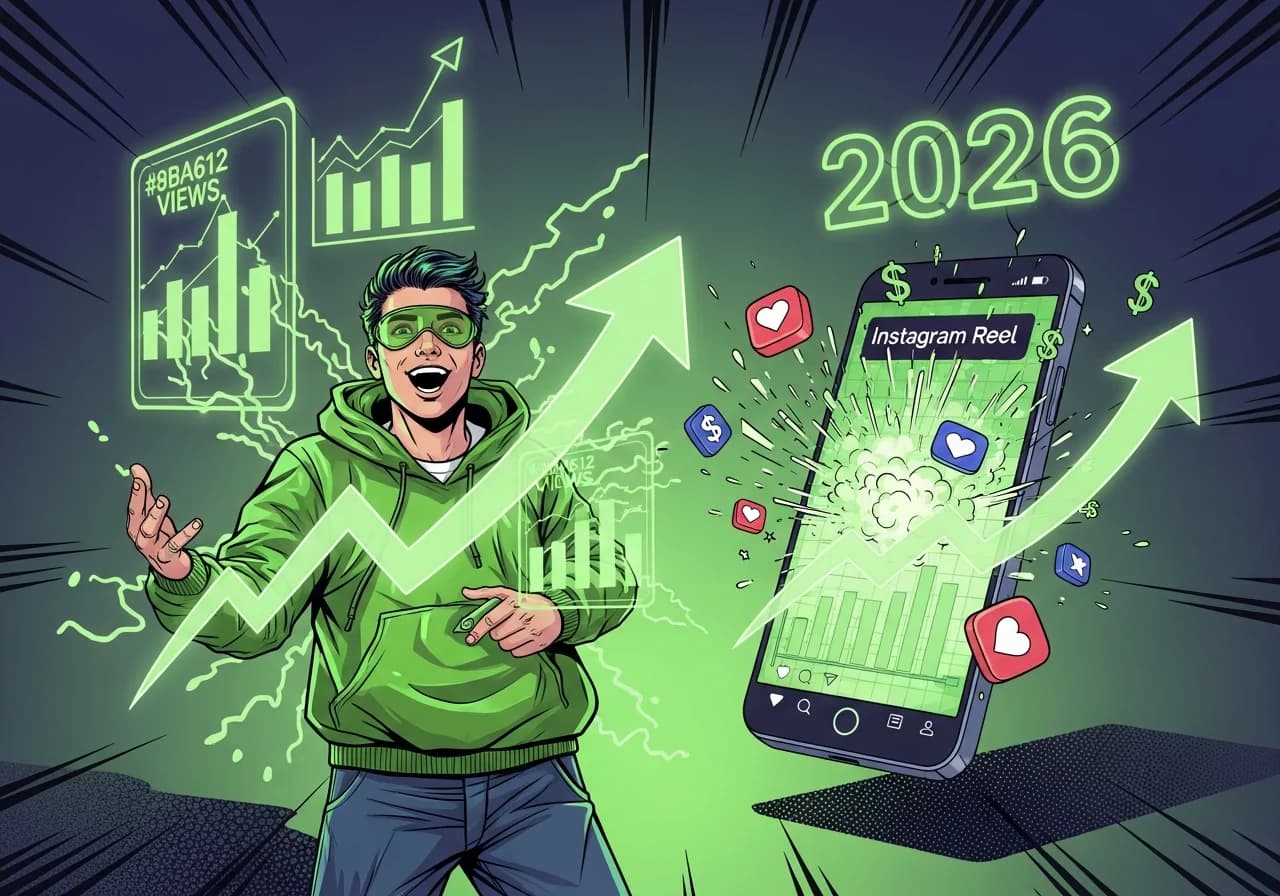 Cover Image for A content creator surrounded by futuristic AI visuals generates a vibrant Instagram Reel: glowing charts of skyrocketing views, a smartphone showing a viral Reel with exploding like and share icons, and dollar signs floating upward. The scene feels electrifying, hinting at algorithm secrets and big earnings from Instagram Reels as neon '2026' numbers shine in the background.