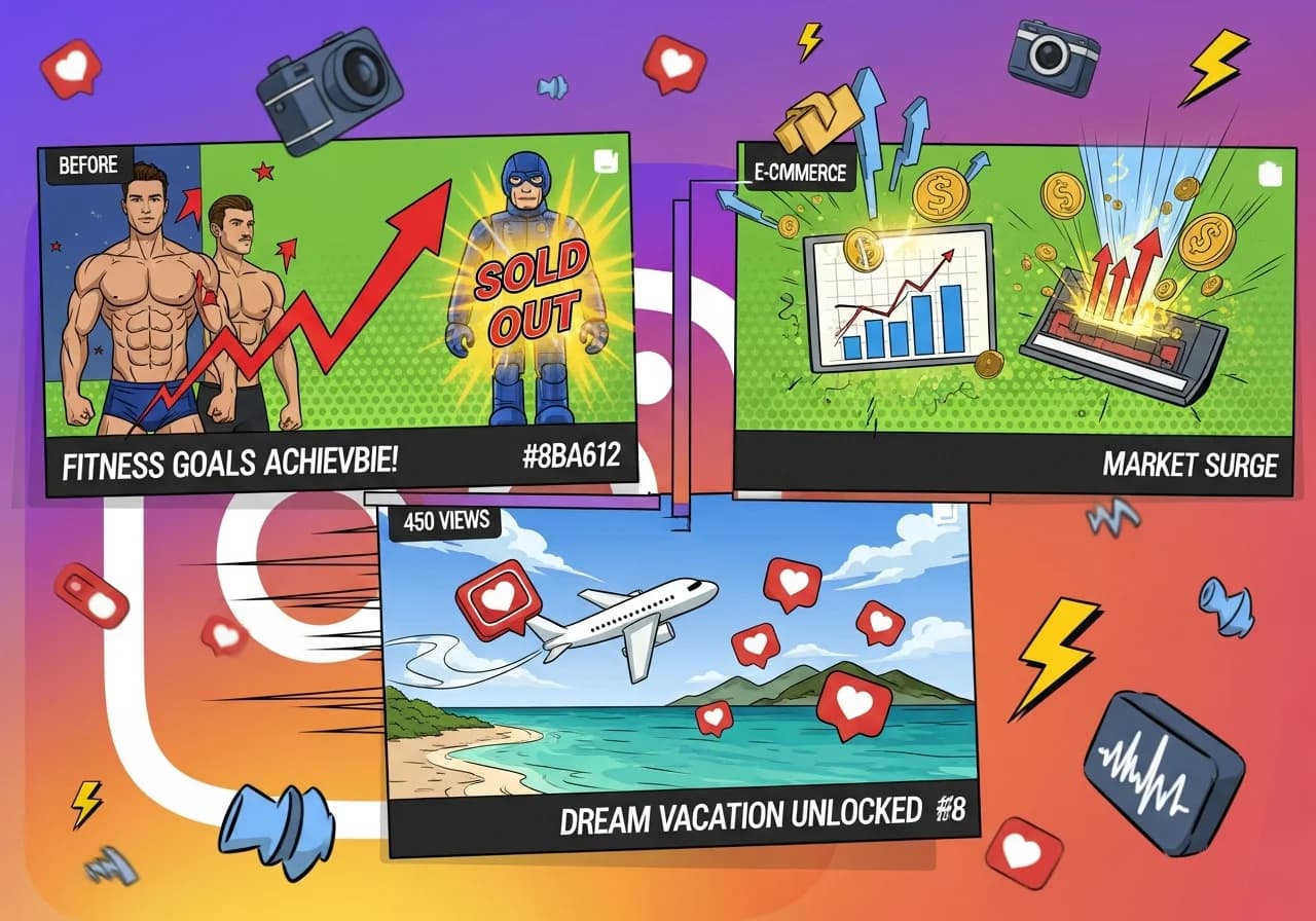 Cover Image for A vibrant split-screen composition showing multiple Instagram Reels playing simultaneously across different niches: a fitness transformation on the left with before/after visuals and a red upward trending arrow, an e-commerce product unboxing in the center with glowing 'SOLD OUT' text overlay, a finance chart with dollar signs exploding upward on the right, and a travel destination reveal at the bottom with a plane icon and heart reactions floating around it. Each screen shows view counts in the millions with engagement metrics lighting up. The background features a subtle Instagram gradient (purple to orange) with floating icons of cameras, lightning bolts, and trending audio waves. The overall aesthetic screams 'viral success' with bright neon accents, dynamic motion blur, and a modern, high-energy YouTube thumbnail style that makes viewers want to click immediately to discover the secrets behind these viral Reels.