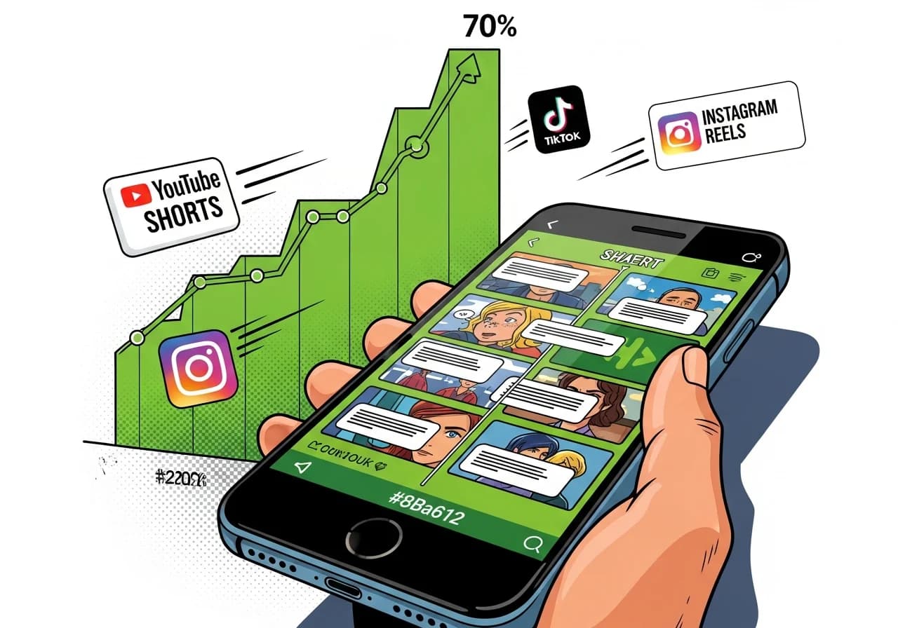Cover Image for A vertical video editing scene: a smartphone shows a short video timeline with multiple quick cuts and caption overlays, a retention curve graph rises toward 70% in the background, and icons of YouTube Shorts, TikTok, and Instagram Reels float around, emphasizing short-form engagement.