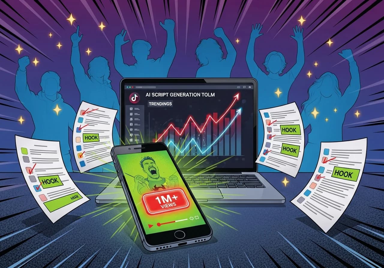 Cover Image for A creative workspace showing a smartphone displaying a viral TikTok video with 1M+ views counter glowing in neon red, surrounded by floating script pages with highlighted hook templates, a laptop screen showing AI script generation tools, trending graphs shooting upward, and ghostly silhouettes of successful creators in the background celebrating. The scene is bathed in purple and blue gradient lighting with golden sparkles representing viral moments.