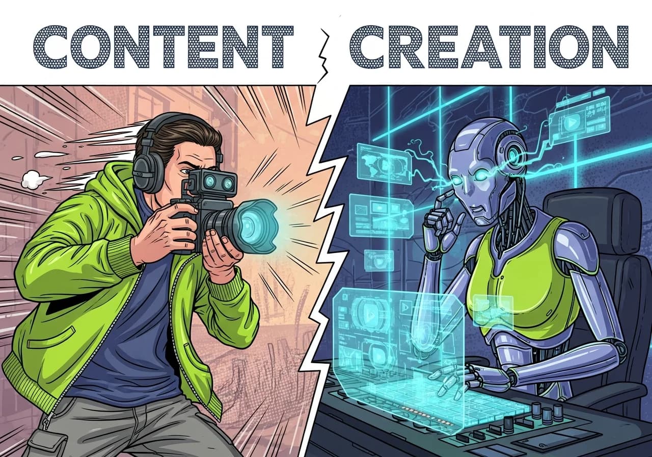 Cover Image for Side-by-side comparison of a human content creator with a camera and an AI robot generating video content