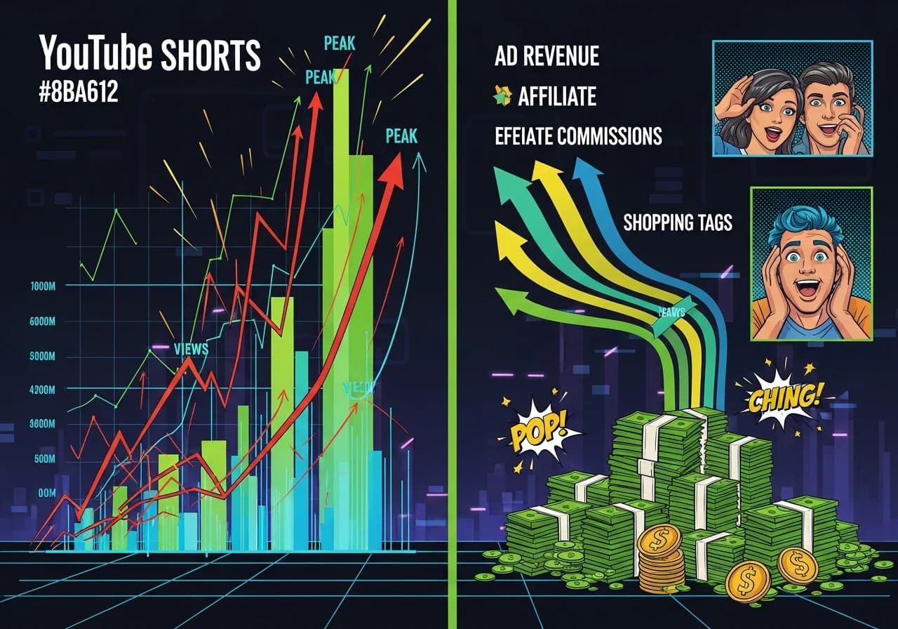 Cover Image for A split-screen dashboard showing explosive growth: left side displays a YouTube Shorts analytics graph with views skyrocketing from zero to millions in red and orange gradients, right side shows multiple revenue streams (ad revenue, affiliate commissions, Shopping tags) flowing into a creator's bank account represented by stacks of cash and dollar signs, all set against a dark background with glowing neon accents suggesting digital success and the future of AI content monetization
