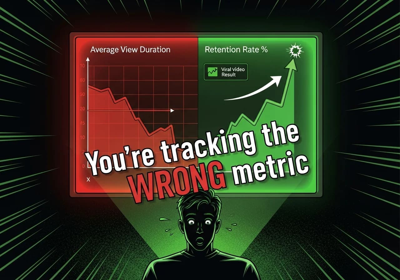 Cover Image for A dramatic split-screen YouTube analytics dashboard glowing on a dark background. On the left side, a red downward-sloping retention graph labeled 'Average View Duration' in seconds, looking flat and disappointing. On the right side, a bright green sharply upward-curving percentage retention graph labeled 'Retention Rate %' spiking upward with an arrow pointing to a viral video result. A shocked creator silhouette sits in front of the screen. Bold text overlay reads: 'You're tracking the WRONG metric.' The image feels urgent, curiosity-provoking, like a YouTube thumbnail designed to make creators stop scrolling immediately.