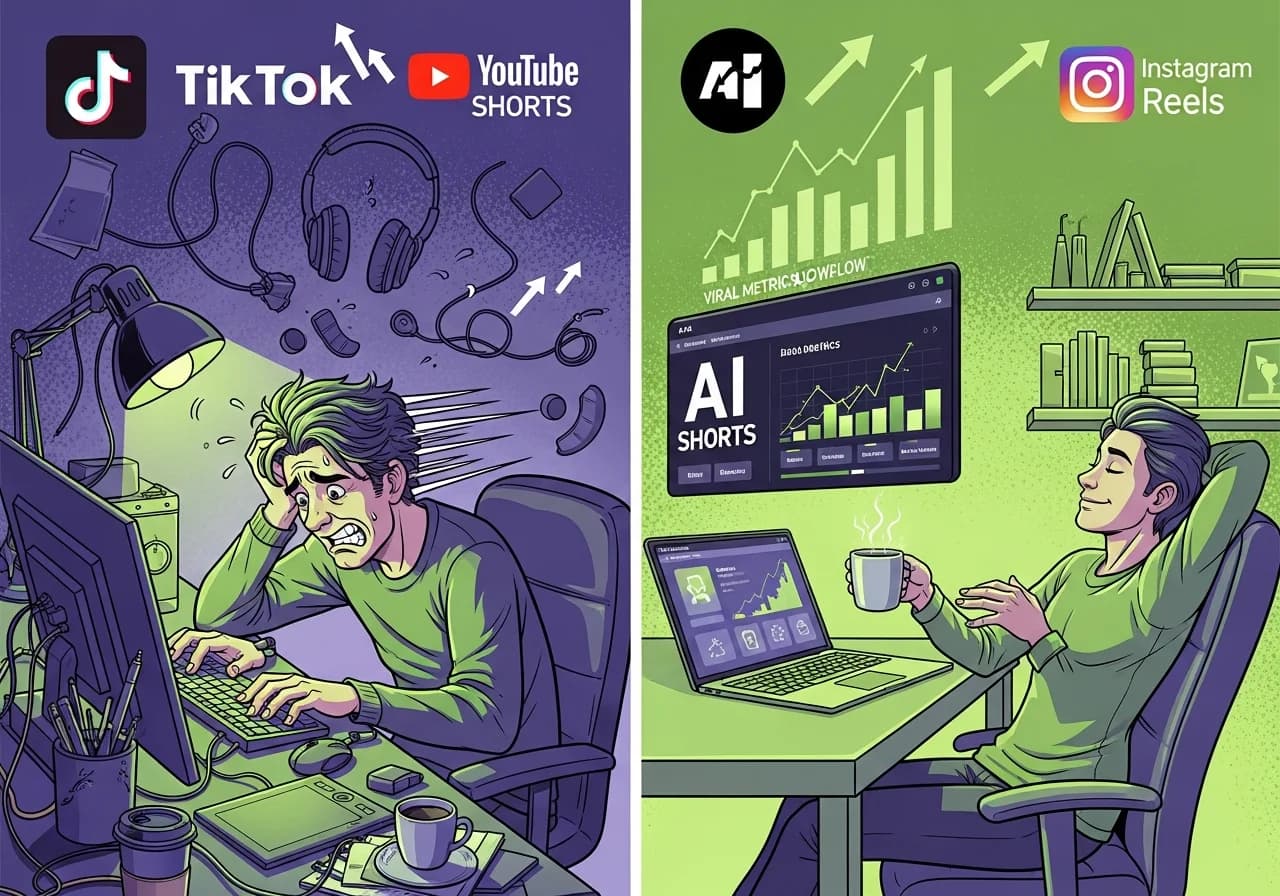 Cover Image for Split-screen comparison showing a content creator's workspace on the left with scattered editing tools, tangled cables, and a stressed expression, versus the right side showing a clean minimal setup with just a laptop displaying an AI shorts generator interface with viral metrics graphs trending upward in green, automated workflow icons glowing, and a relaxed creator leaning back with a coffee. Background shows TikTok, YouTube Shorts, and Instagram Reels logos with exponential growth arrows. Conveys the transformation from complex manual editing to effortless AI-powered viral content creation.